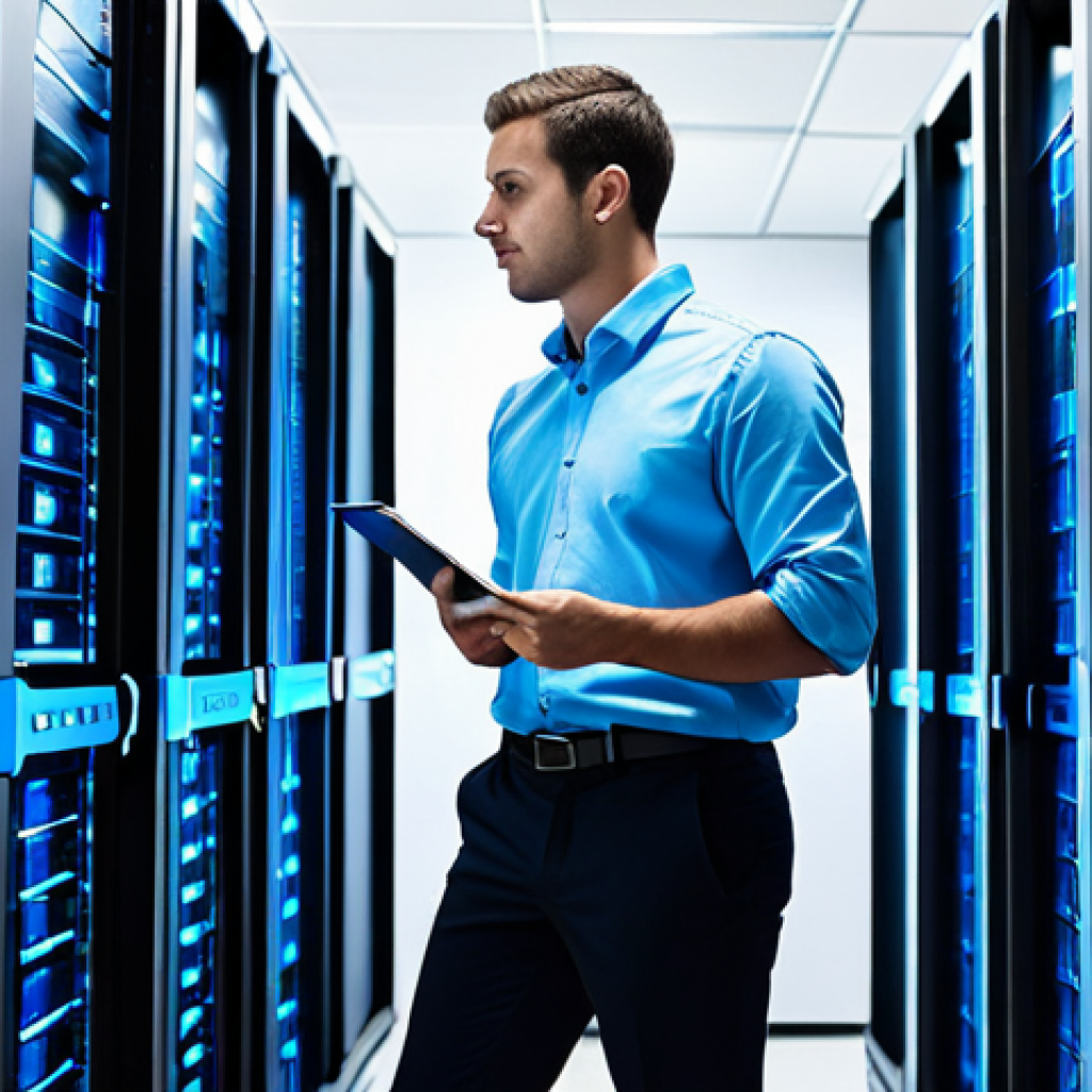 A professional network engineer in a modest business shirt and trousers, standing in a brightly lit, futuristic server room. Glowing blue data streams flow rapidly around sleek server racks, symbolizing high-speed symmetric encryption. A singular, glowing digital key icon is subtly integrated into the data flow, representing the shared key. The overall scene conveys efficiency and secure bulk data transfer. fully clothed, appropriate attire, safe for work, perfect anatomy, correct proportions, natural pose, well-formed hands, proper finger count, natural body proportions, professional photography, high quality, modest clothing.