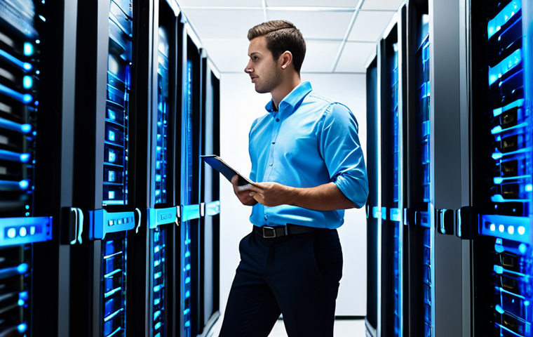 A professional network engineer in a modest business shirt and trousers, standing in a brightly lit, futuristic server room. Glowing blue data streams flow rapidly around sleek server racks, symbolizing high-speed symmetric encryption. A singular, glowing digital key icon is subtly integrated into the data flow, representing the shared key. The overall scene conveys efficiency and secure bulk data transfer. fully clothed, appropriate attire, safe for work, perfect anatomy, correct proportions, natural pose, well-formed hands, proper finger count, natural body proportions, professional photography, high quality, modest clothing.