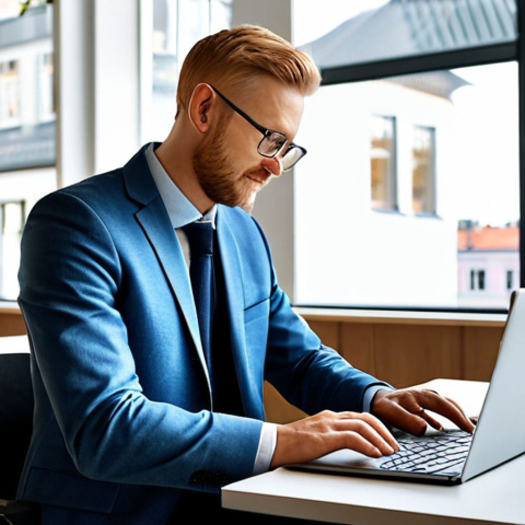 **
"A professional IT consultant, fully clothed in a modern business casual outfit (dress pants, collared shirt, optional blazer), working on a laptop at a bright and clean co-working space in Stockholm. Large windows, minimalist furniture, other professionals in the background. Focus on the individual and their work. Perfect anatomy, natural pose, well-formed hands, proper finger count, appropriate content, safe for work, professional photography, high quality."
**